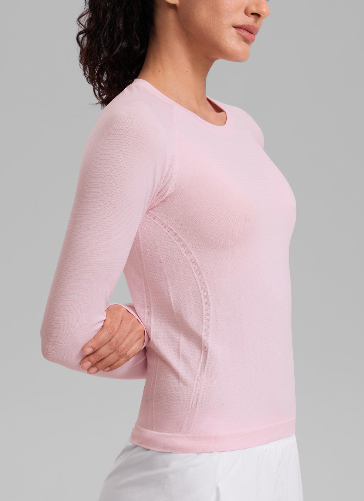 CRZ YOGA Women's Run Train Shirts Seamless Long Sleeve Waist Length Strawberry Pink @model_info:Larissa