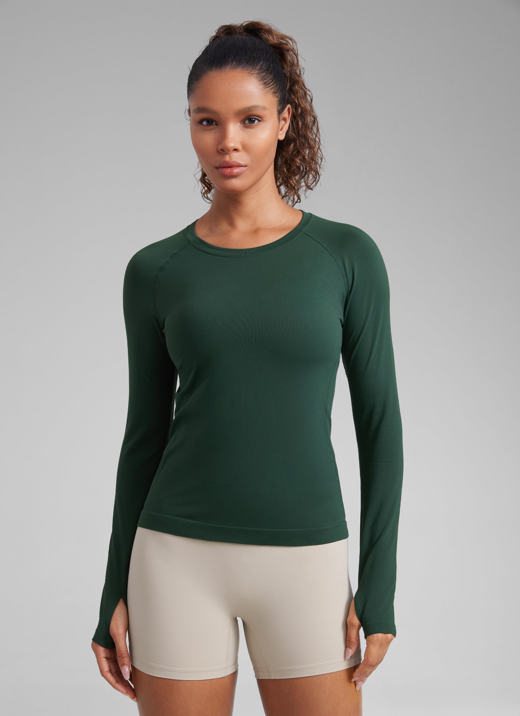 CRZ YOGA Women's Running Quick Dry Shirts Seamless Long Sleeves Legend Green