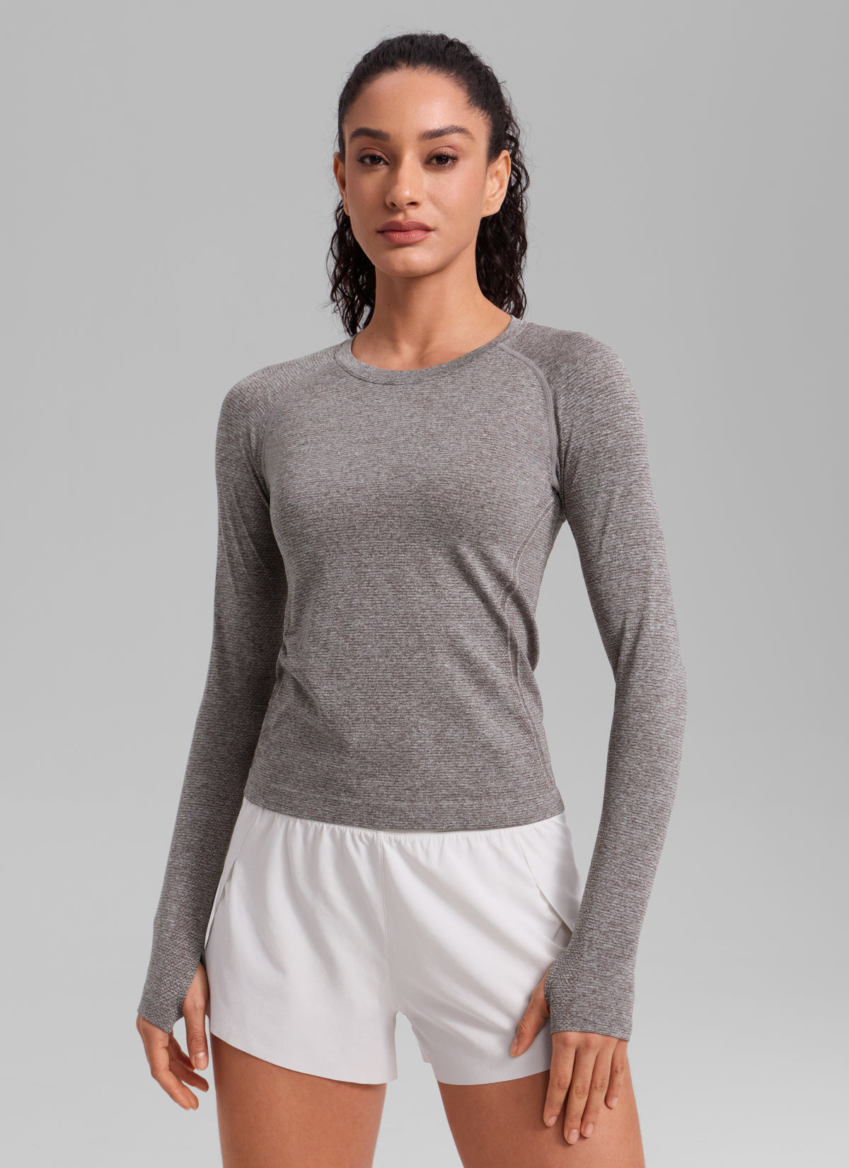CRZ YOGA Women's Run Train Shirts Seamless Long Sleeve Waist Length Hot Fudge Brown Heather @model_info:Lerissa