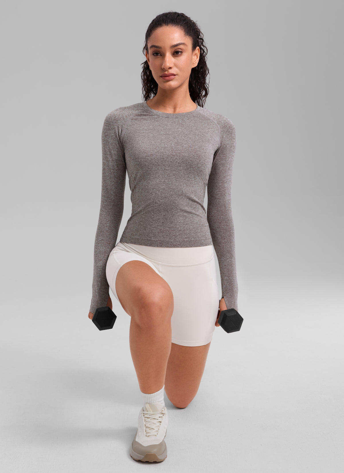 CRZ YOGA Women's Run Train Shirts Seamless Long Sleeve Waist Length Hot Fudge Brown Heather @model_info:Lerissa
