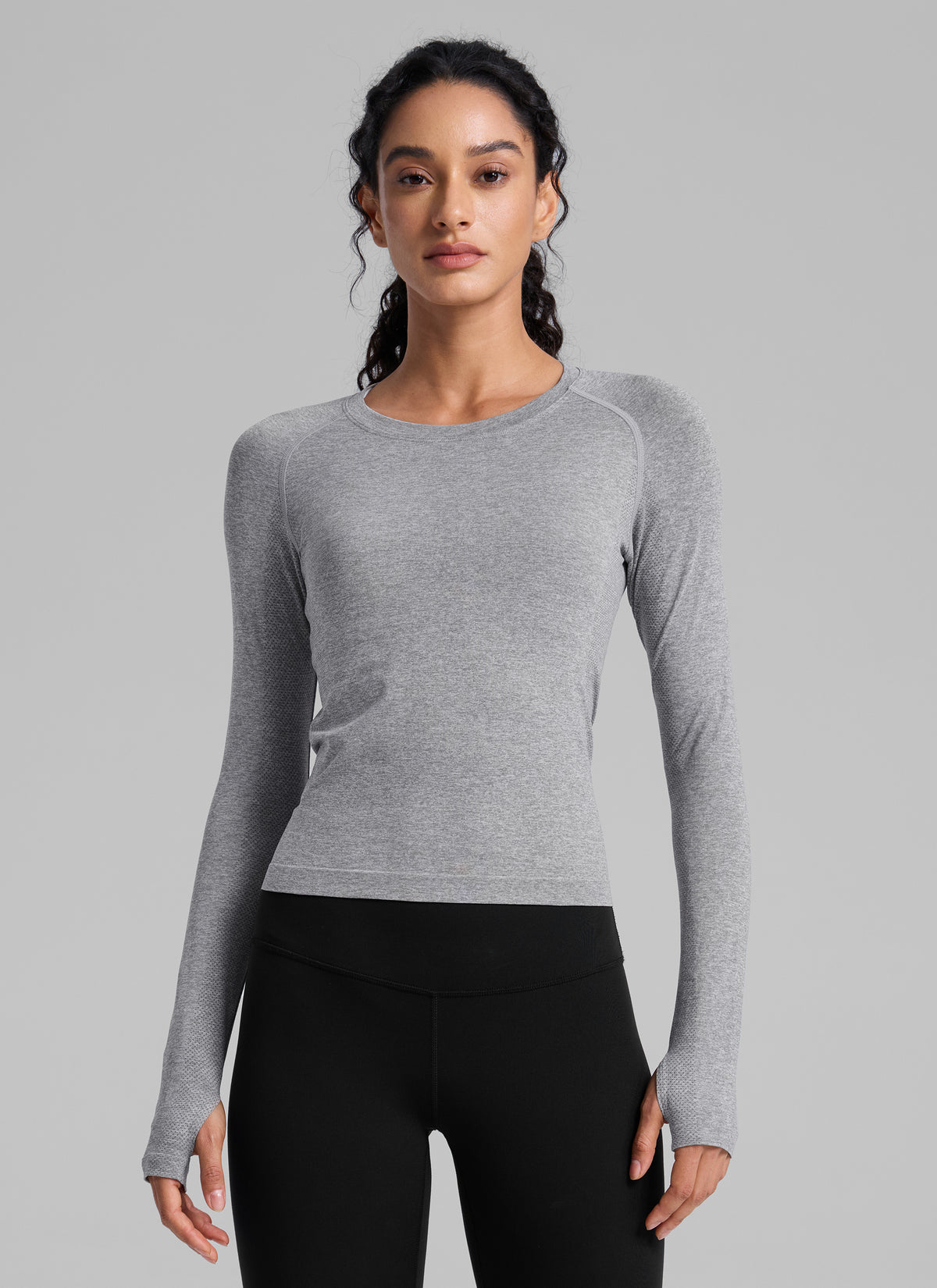 CRZ YOGA Women's Run Train Shirts Seamless Long Sleeve Waist Length Slate Grey Marl @model_info:Larissa