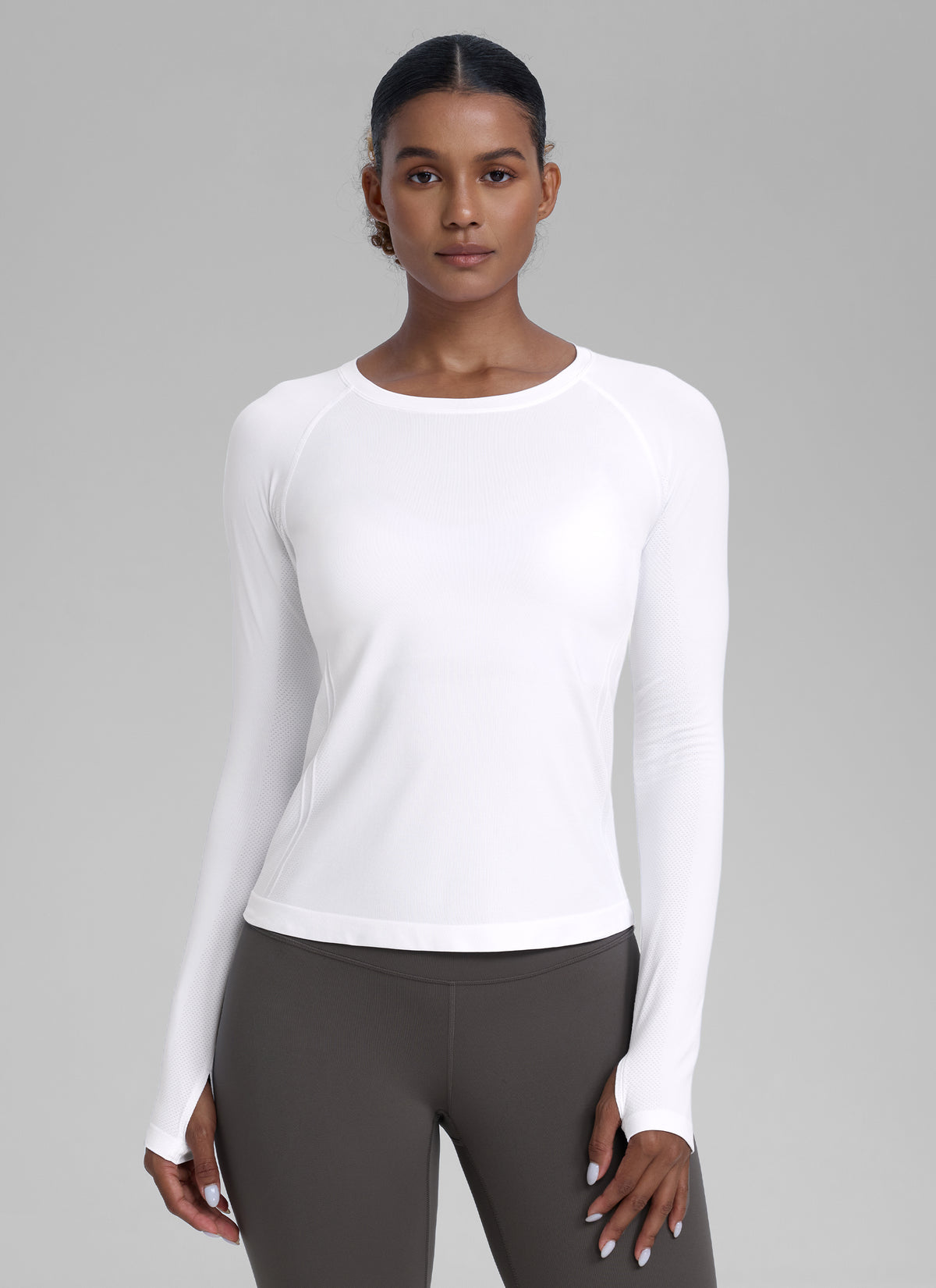 CRZ YOGA Women's Run Train Shirts Seamless Long Sleeve Waist Length White @model_info:Babrabra
