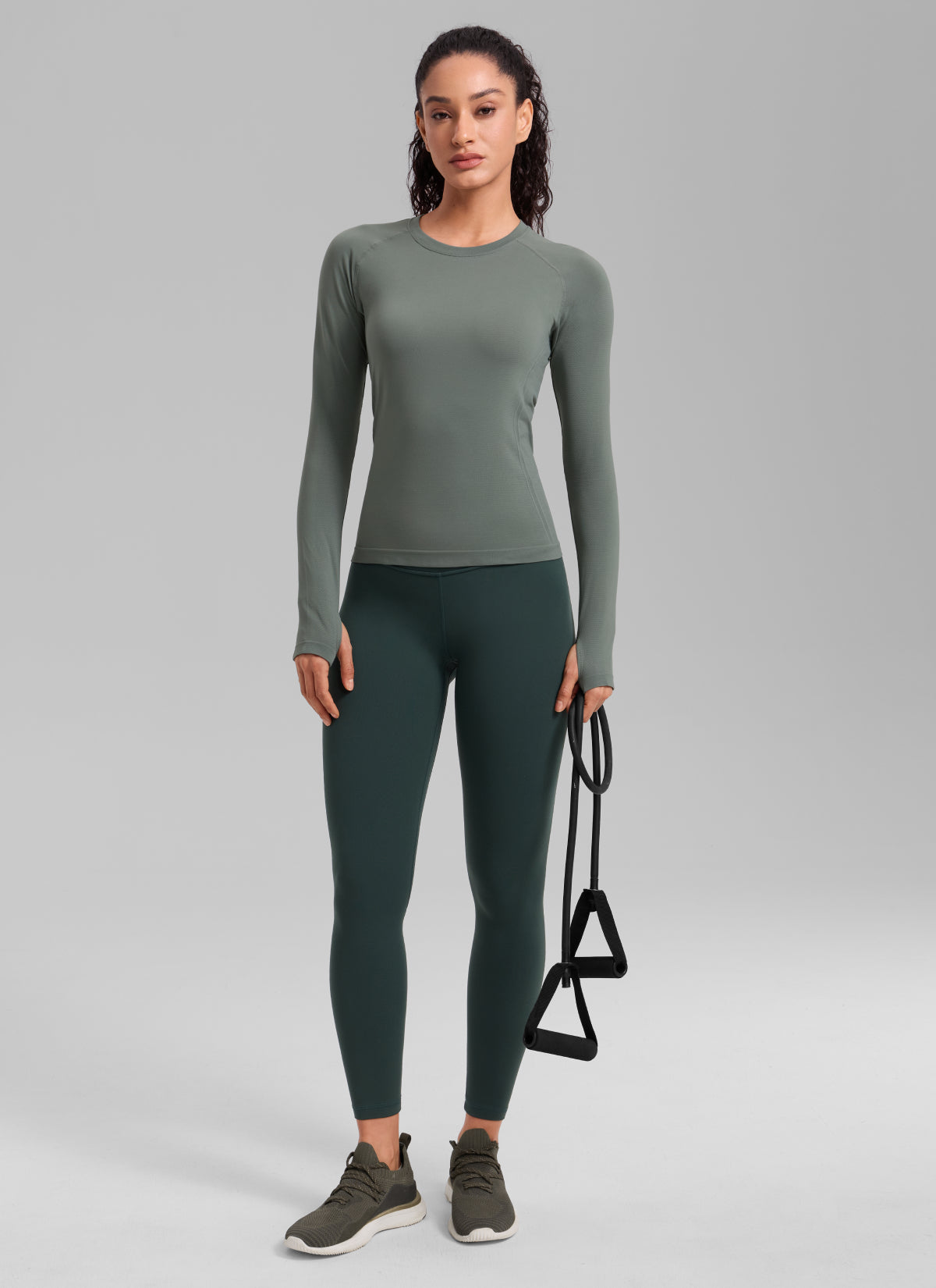CRZ YOGA Women's Run Train Shirts Seamless Long Sleeve Waist Length Grey Sage @model_info:Larissa