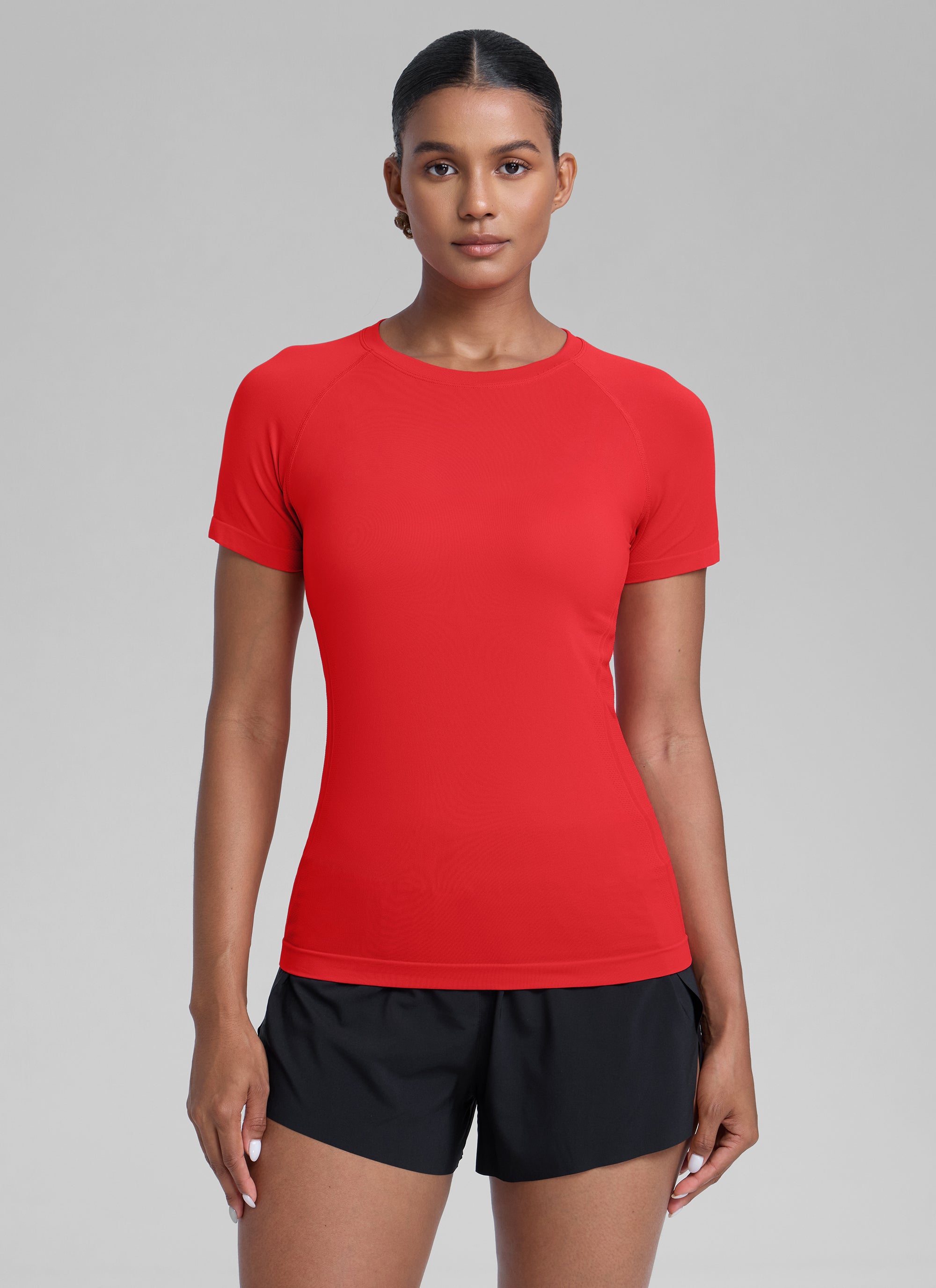 CRZ YOGA Women's Running Classic Fit Shirts Seamless Short Sleeves Deep Red @model_info:Babrabra