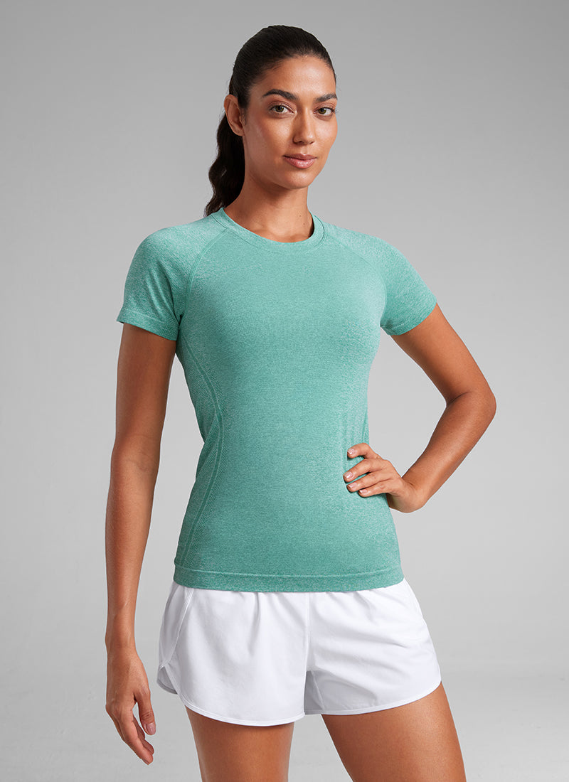 CRZ YOGA Women's Running Classic Fit Shirts Seamless Short Sleeves Cascadia Green @model_info:Mariana
