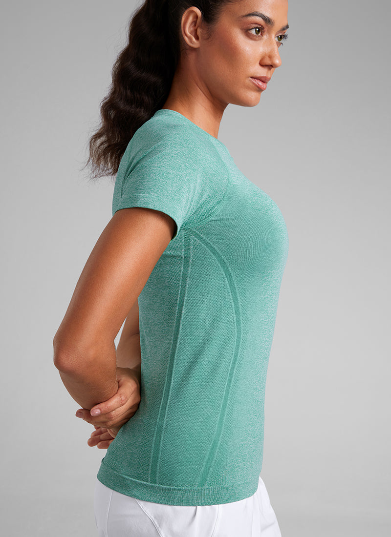 CRZ YOGA Women's Running Classic Fit Shirts Seamless Short Sleeves Cascadia Green @model_info:Mariana