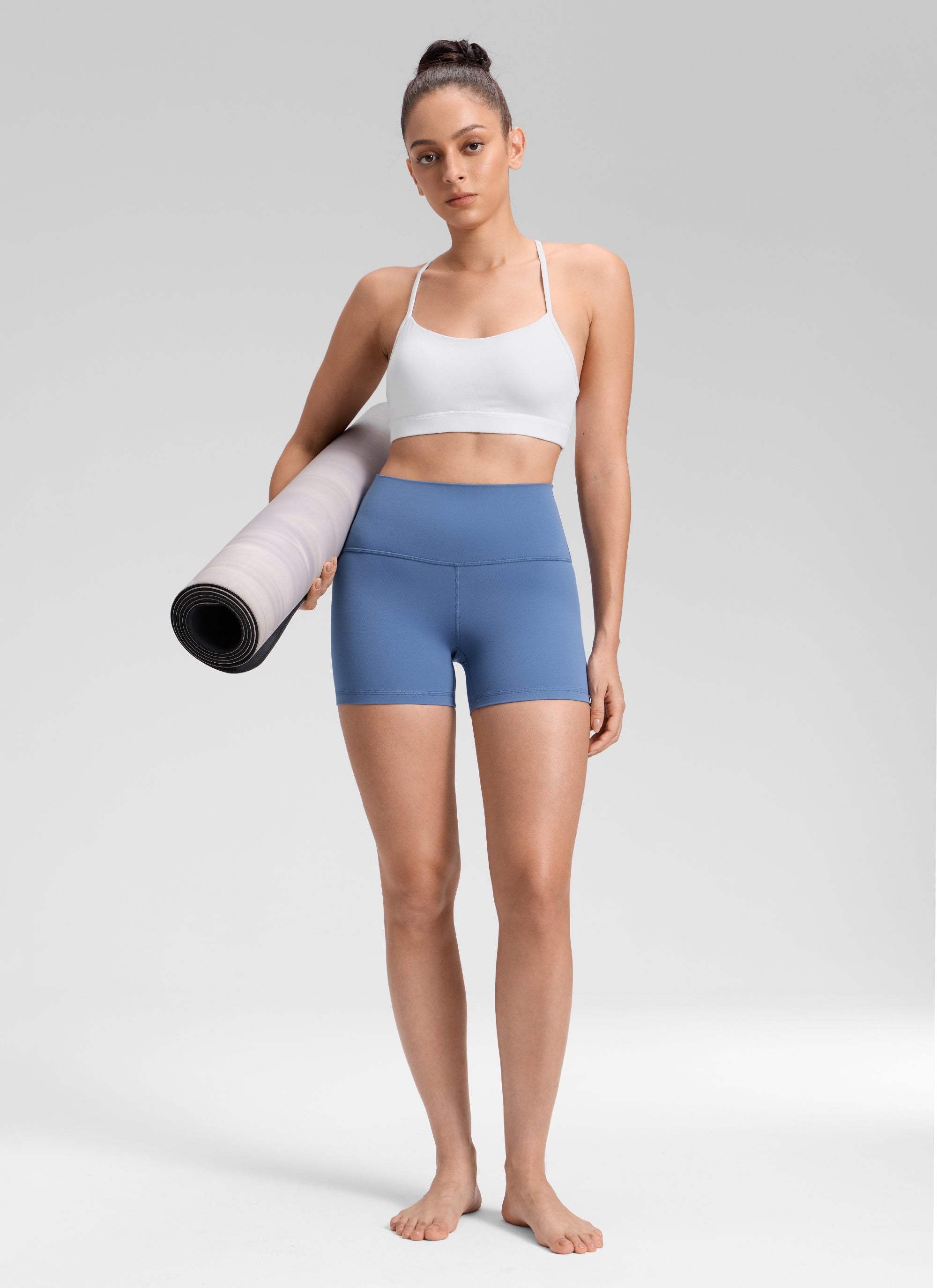CRZ YOGA Women's Yoga High Rise Biker Shorts Butterluxe Shorts 4'' Oasis Blue @model_info:Bruna