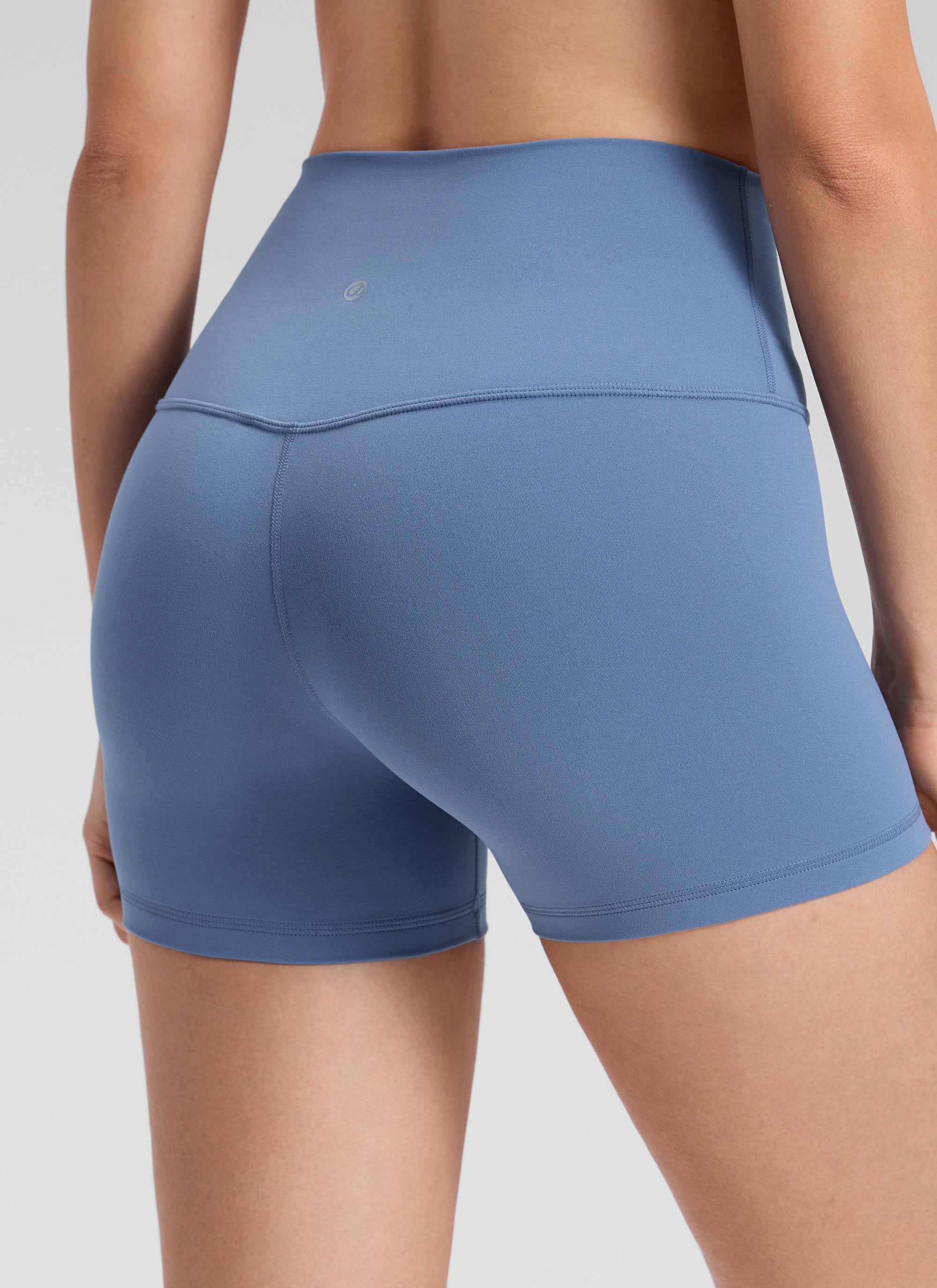 CRZ YOGA Women's Yoga High Rise Biker Shorts Butterluxe Shorts 4'' Oasis Blue @model_info:Bruna
