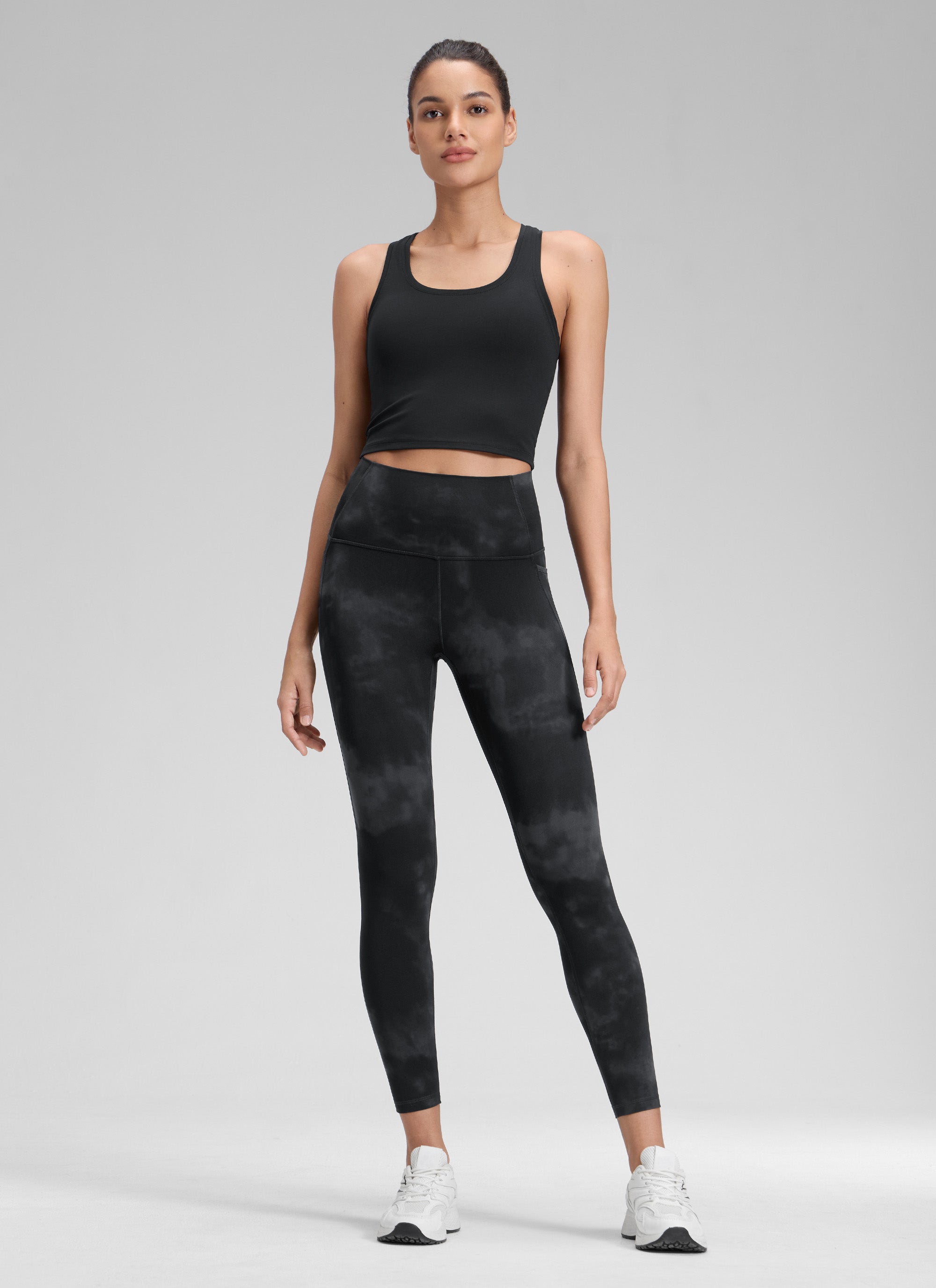 CRZ YOGA Women's Yoga Lounge High Rise Butterluxe Pocket Leggings 25'' Black Tie Dye Flowers