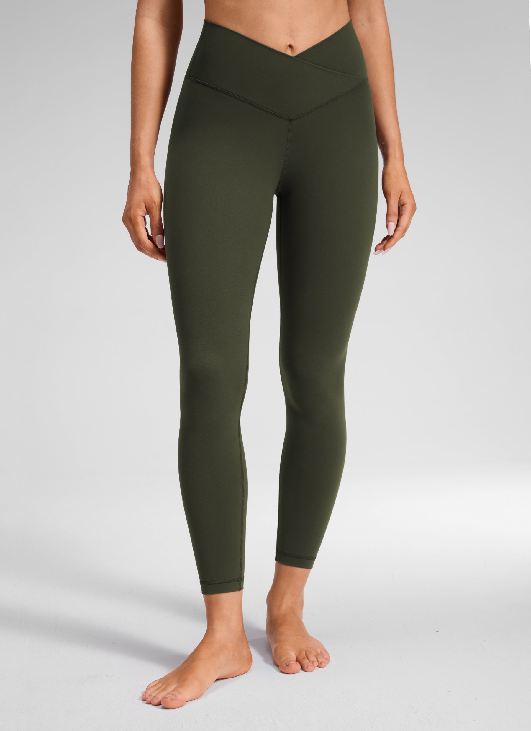 CRZ YOGA Women's High Rise Butterluxe Yoga Leggings 25'' V Cross Waist Olive Green @model_info:Lary