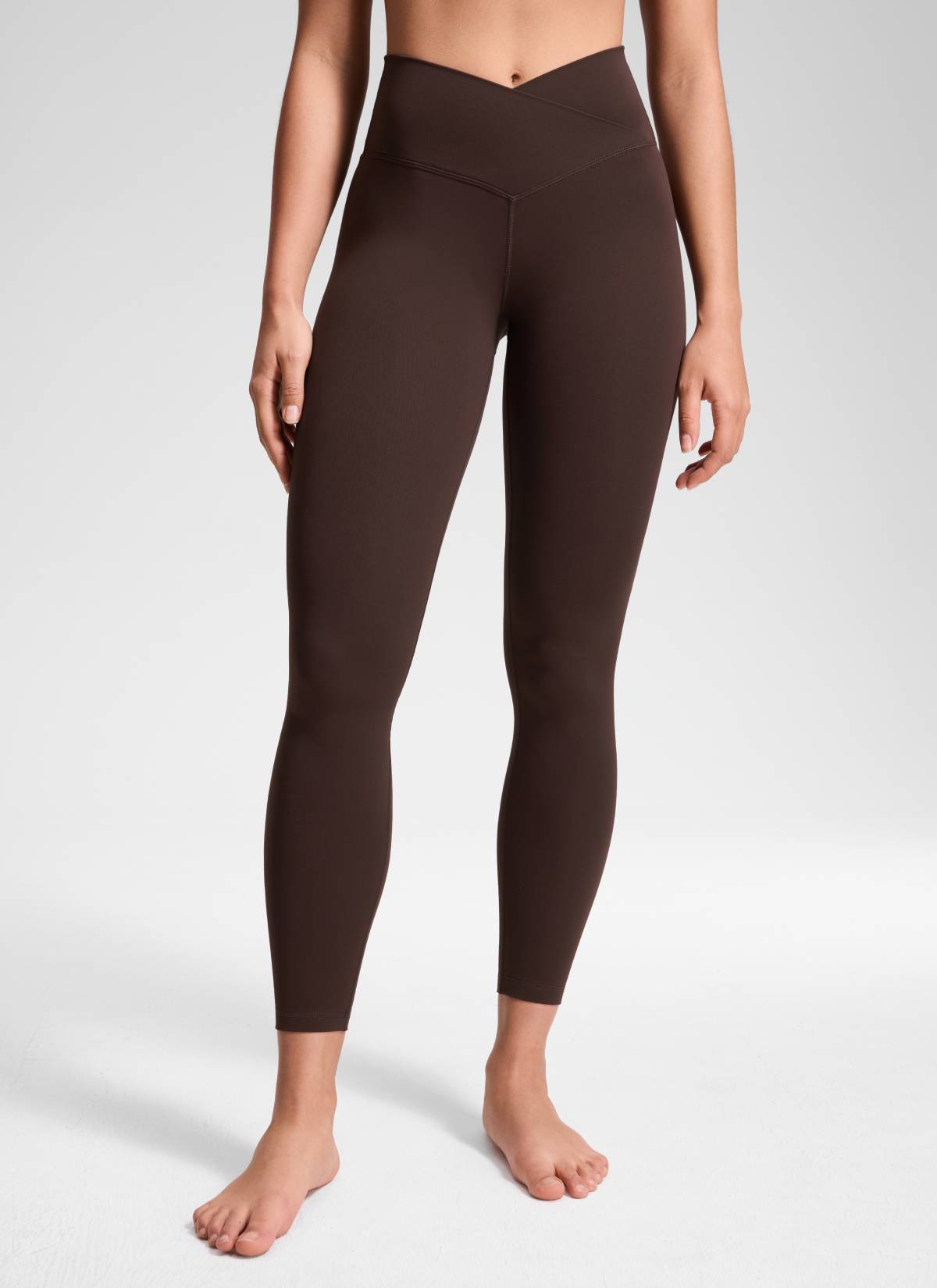 CRZ YOGA Women's High Rise Butterluxe Yoga Leggings 25'' V Cross Waist Hot Fudge Brown @model_info:Fiona