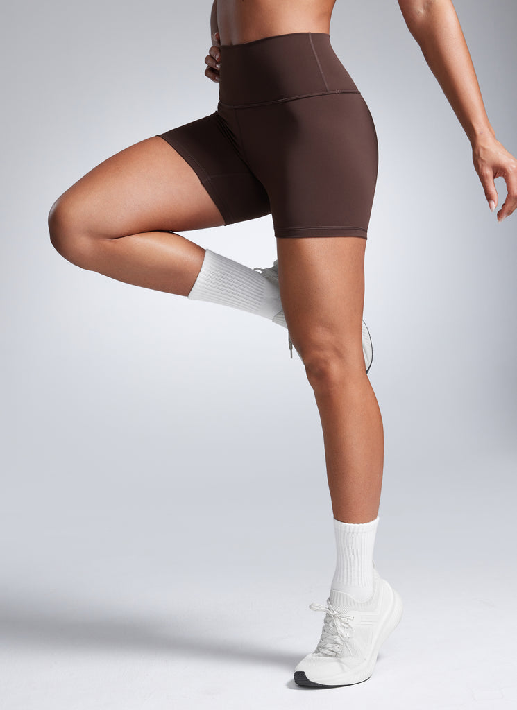 CRZ YOGA Women's Workout High Rise Biker Shorts Butterbreeze Shorts 4'' Hot Fudge Brown