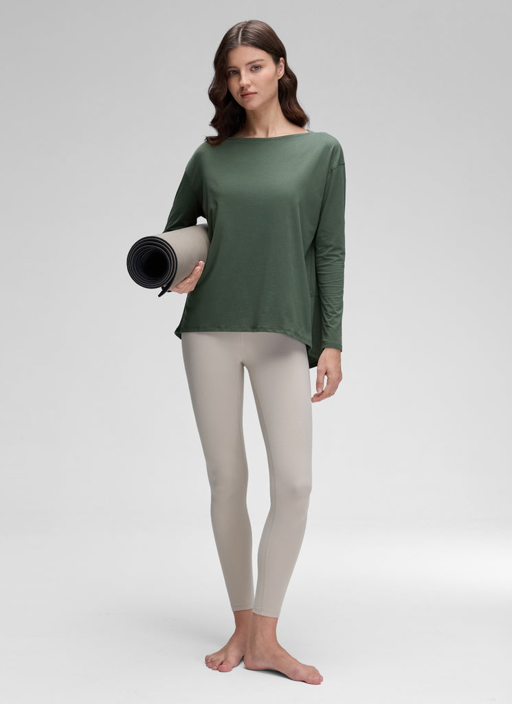 CRZ YOGA Women's Casual Loose Fit Pima Cotton Long Sleeves Boat Neck Grey Olive