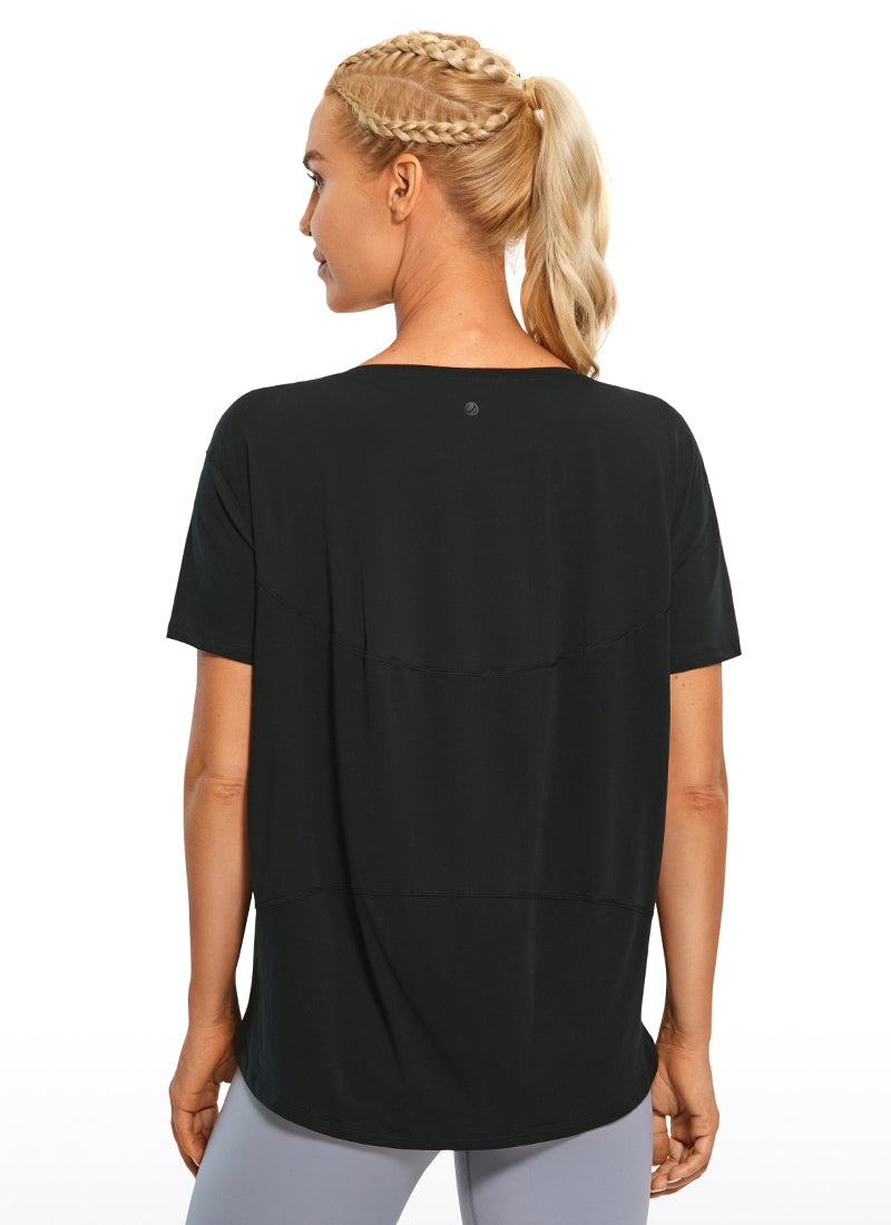 CRZ YOGA Women's Yoga Loose Fit Pima Cotton Short Sleeves Boat Neck Black