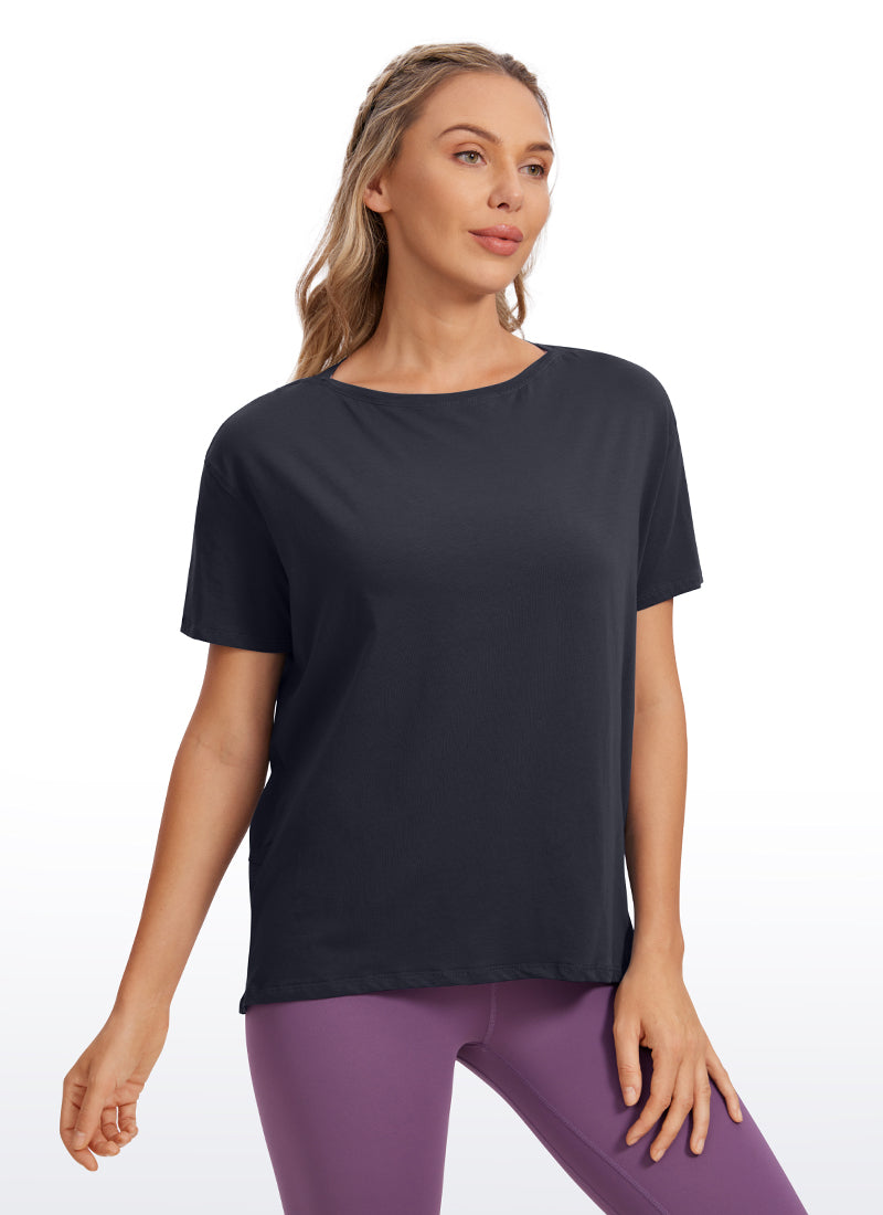 CRZ YOGA Women's Yoga Loose Fit Pima Cotton Short Sleeves Boat Neck Navy