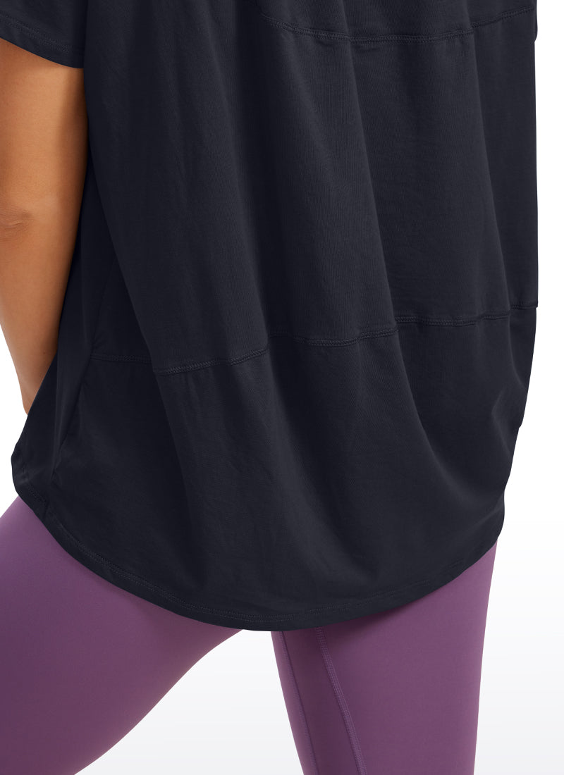CRZ YOGA Women's Yoga Loose Fit Pima Cotton Short Sleeves Boat Neck Navy