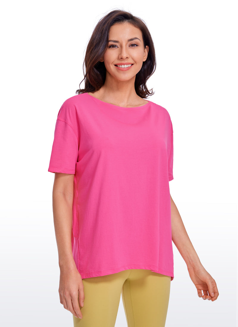 CRZ YOGA Women's Yoga Loose Fit Pima Cotton Short Sleeves Boat Neck Sonic Pink
