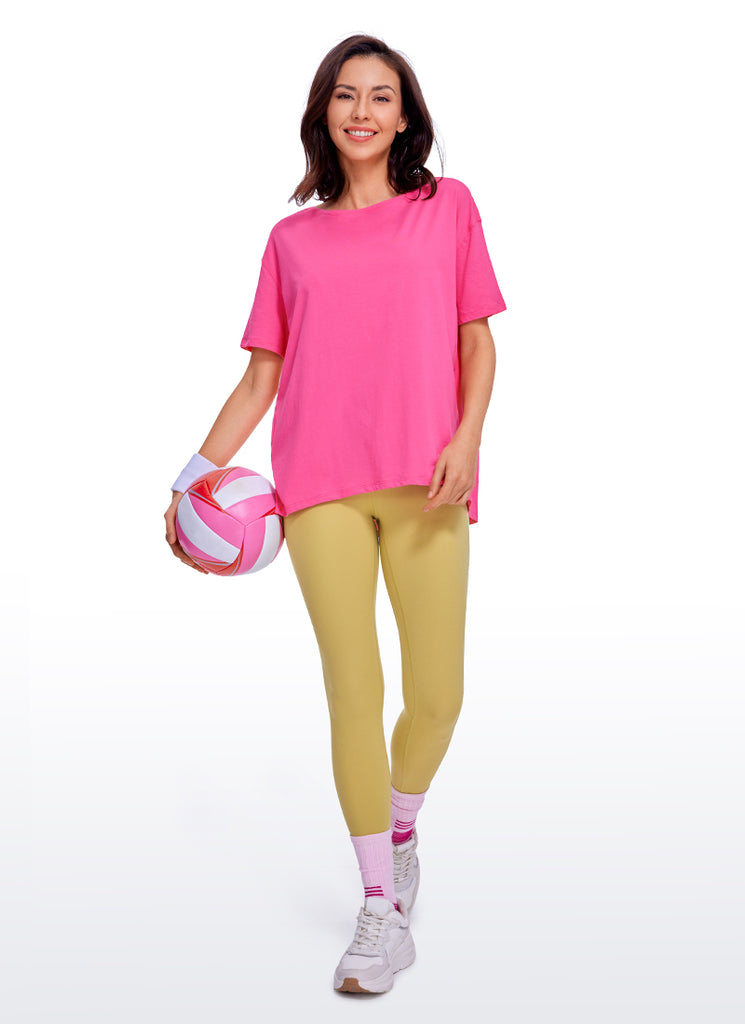 CRZ YOGA Women's Yoga Loose Fit Pima Cotton Short Sleeves Boat Neck Sonic Pink