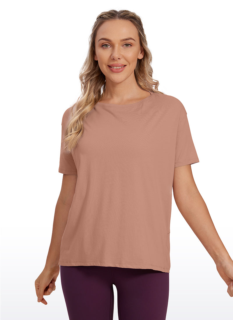 CRZ YOGA Women's Yoga Loose Fit Pima Cotton Short Sleeves Boat Neck Mocha Mousse