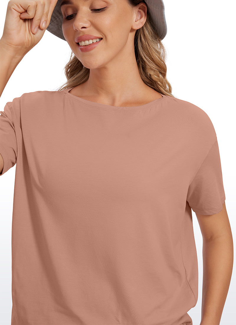 CRZ YOGA Women's Yoga Loose Fit Pima Cotton Short Sleeves Boat Neck Mocha Mousse