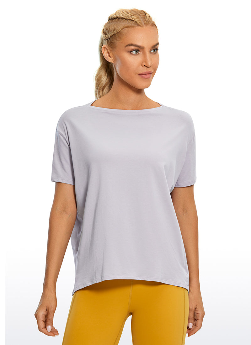 CRZ YOGA Women's Yoga Loose Fit Pima Cotton Short Sleeves Boat Neck Iced Iris