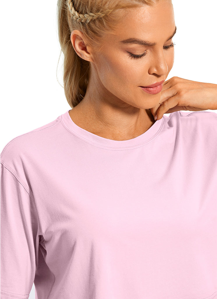 CRZ YOGA Women's Casual Loose Fit Pima Cotton Short Sleeves Cropped Pink Peony