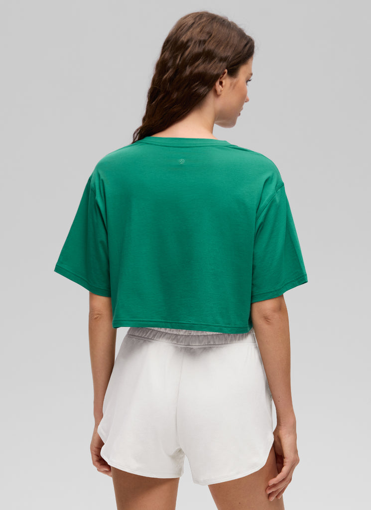 CRZ YOGA Women's Casual Loose Fit Pima Cotton Short Sleeves Cropped Eggplant Heather