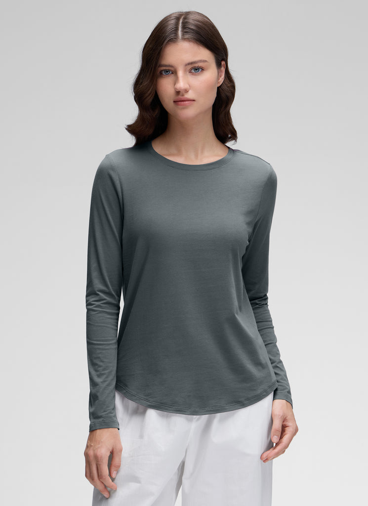 CRZ YOGA Women's Yoga Classic Fit Tops Pima Cotton Workout Long Sleeve Green Jade