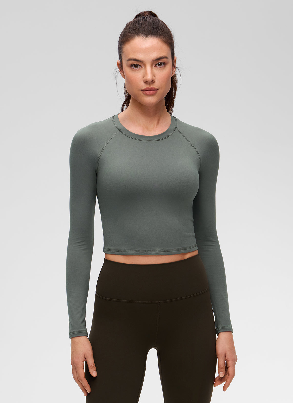 CRZ YOGA Women's Brushed Workout Crew Neck Raglan Crop Long Sleeve Grey Sage