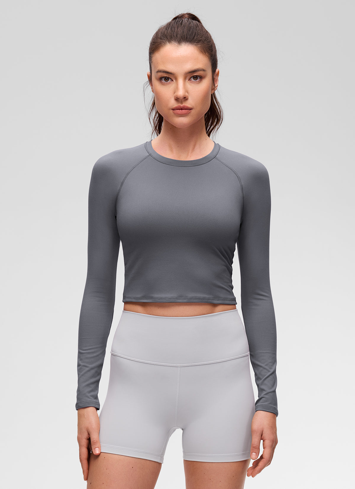 CRZ YOGA Women's Brushed Workout Crew Neck Raglan Crop Long Sleeve Ash Grey
