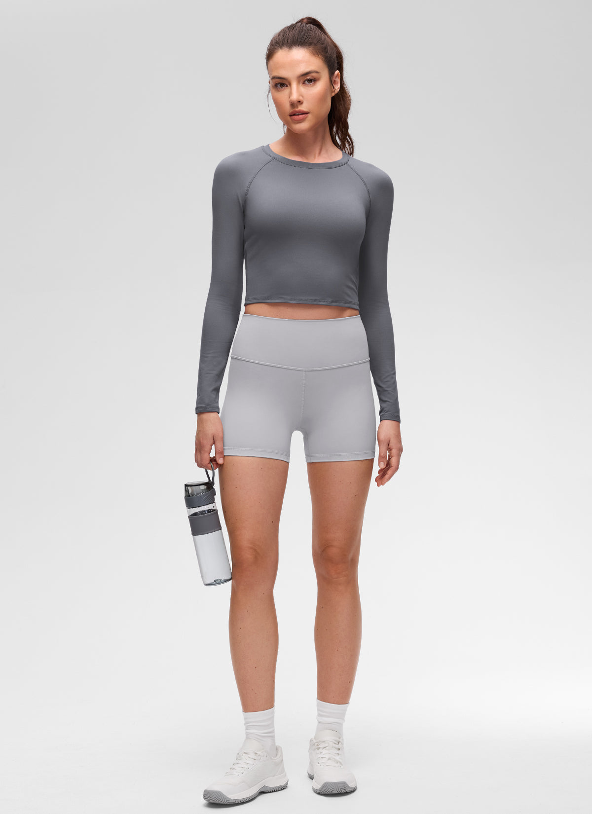 CRZ YOGA Women's Brushed Workout Crew Neck Raglan Crop Long Sleeve Ash Grey