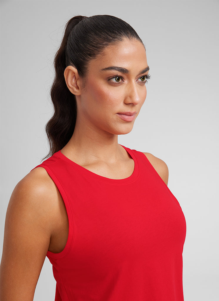 CRZ YOGA Women's Yoga Loose Fit Tops Pima Cotton Crop Tank Round Neck Festival Red