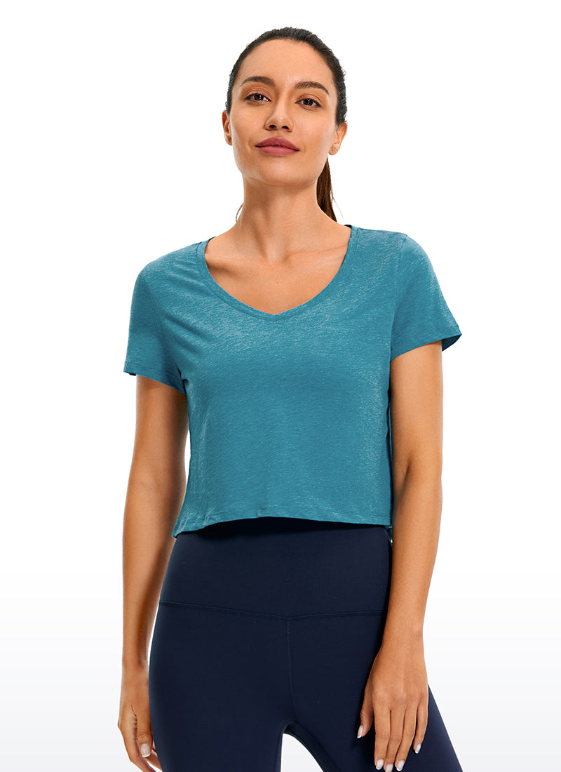 CRZ YOGA Women's Casual Relaxed Fit Pima Cotton Short Sleeve Cropped Kingfisher Heather