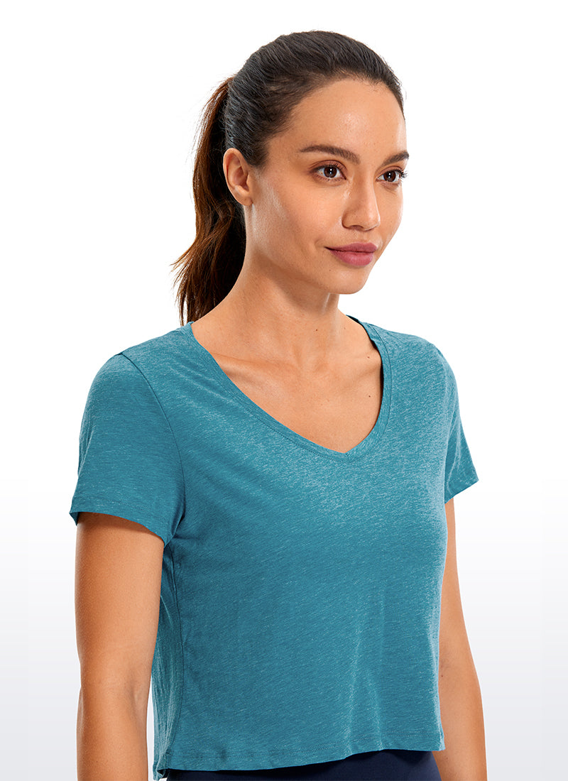 CRZ YOGA Women's Casual Relaxed Fit Pima Cotton Short Sleeve Cropped Kingfisher Heather