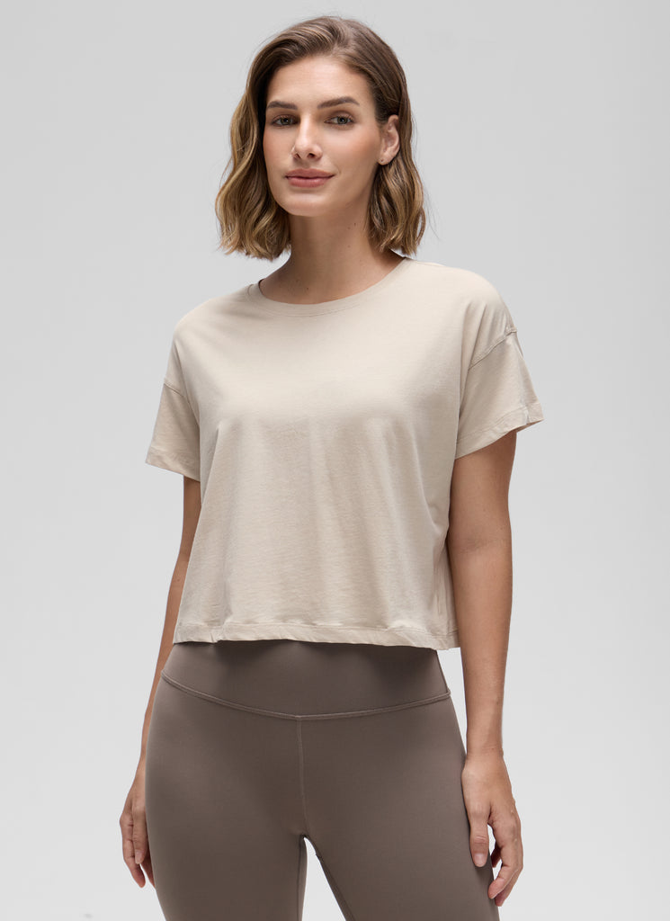 CRZ YOGA Women's Yoga Relaxed Fit Shirt Pima Cotton Crop Short Sleeves Smoky Blush