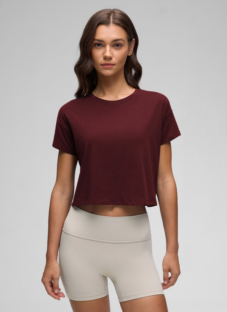 CRZ YOGA Women's Yoga Relaxed Fit Shirt Pima Cotton Crop Short Sleeves Red Merlot