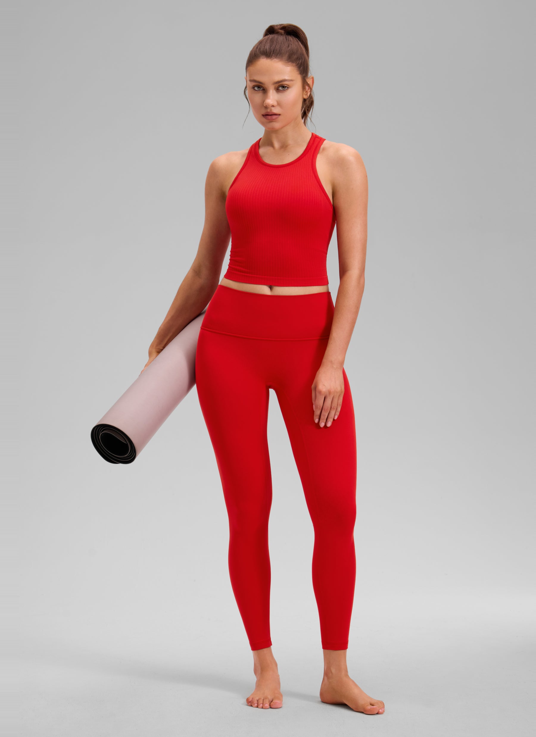 CRZ YOGA Women's Yoga Slim Fit Tops Seamless Longline Tank High Neck Deep Red