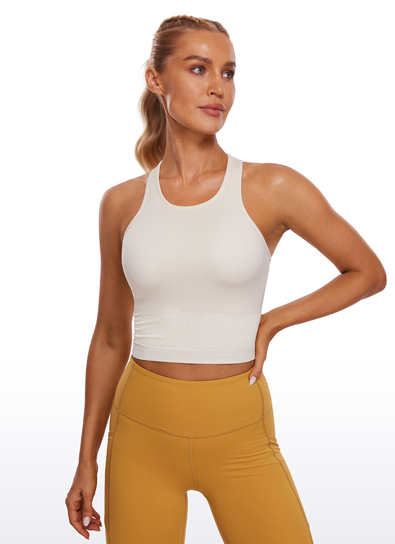 CRZ YOGA Women's Yoga Slim Fit Tops Seamless Longline Tank High Neck White Apricot