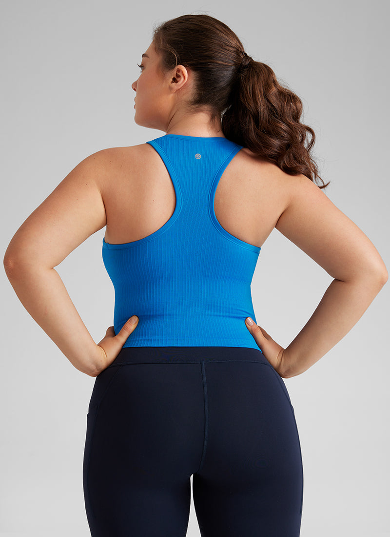 CRZ YOGA Women's Yoga Slim Fit Tops Seamless Longline Tank High Neck Sparkle Blue