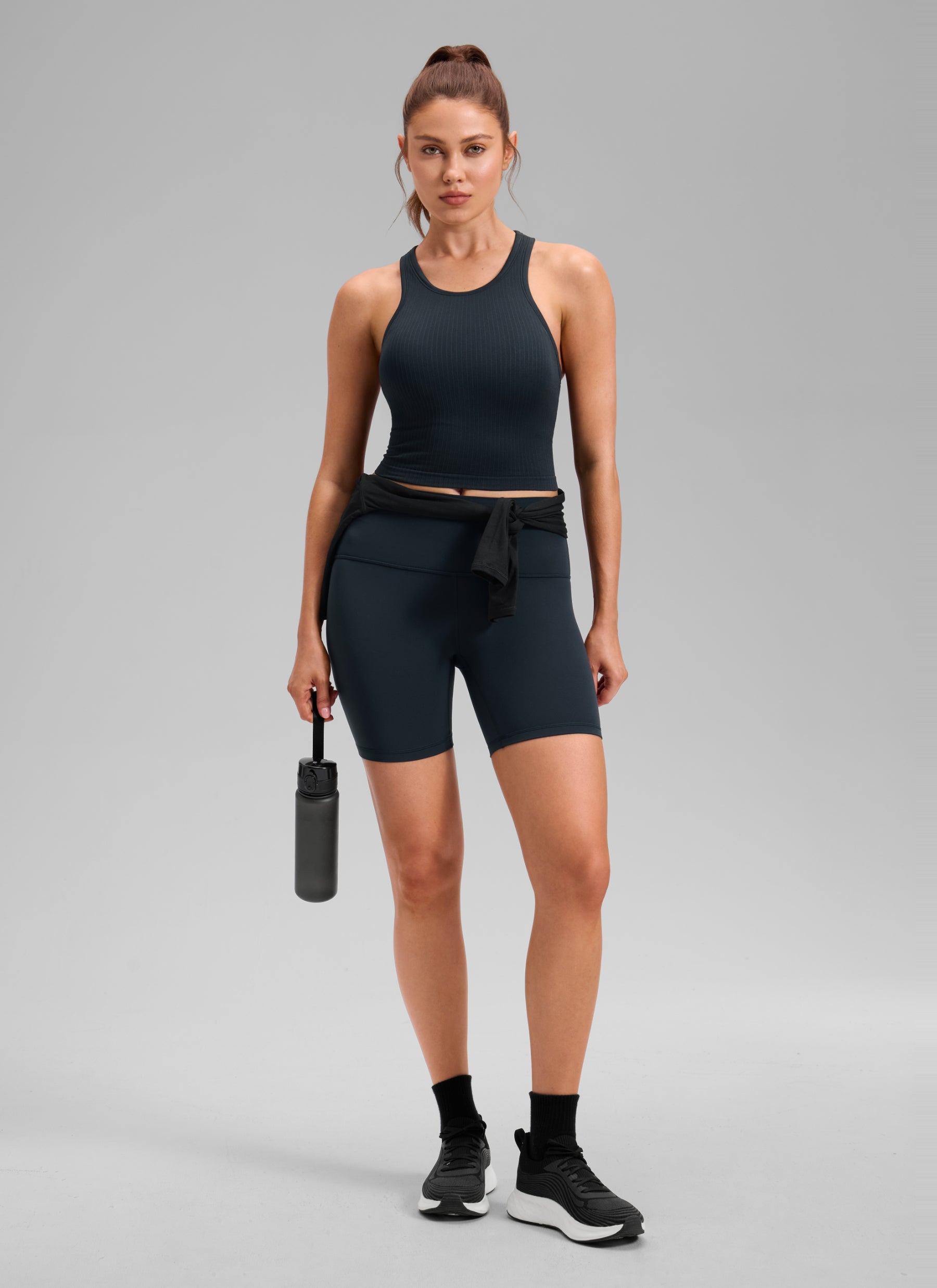 CRZ YOGA Women's Yoga Slim Fit Tops Seamless Longline Tank High Neck True Navy