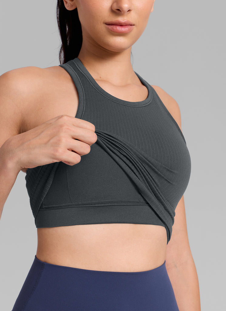 CRZ YOGA Women's Yoga Slim Fit Tops Seamless Longline Tank High Neck Mysterious Grey