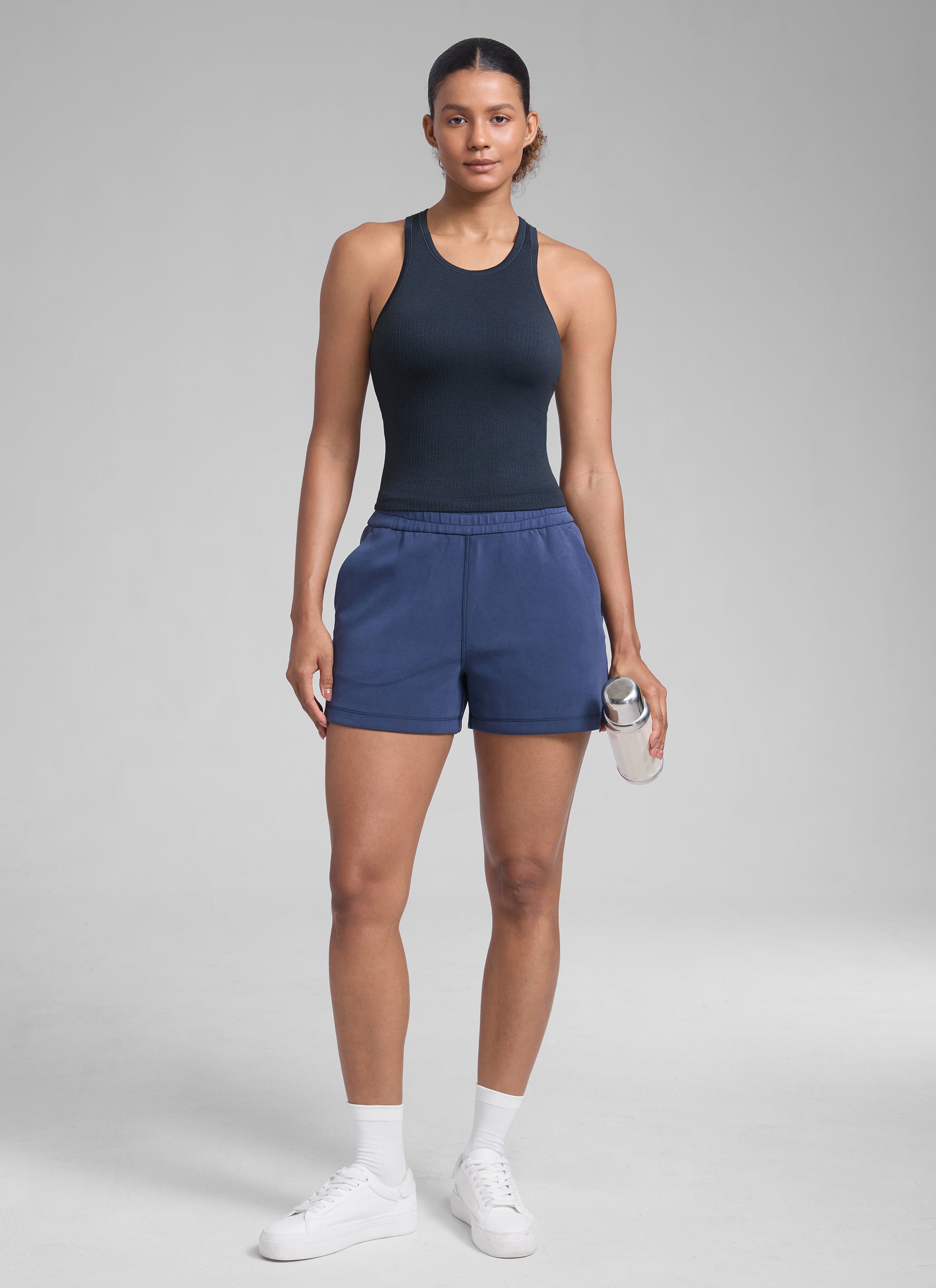 CRZ YOGA Women's Yoga Slim Fit Tops Seamless Hip LengthTank High Neck True Navy