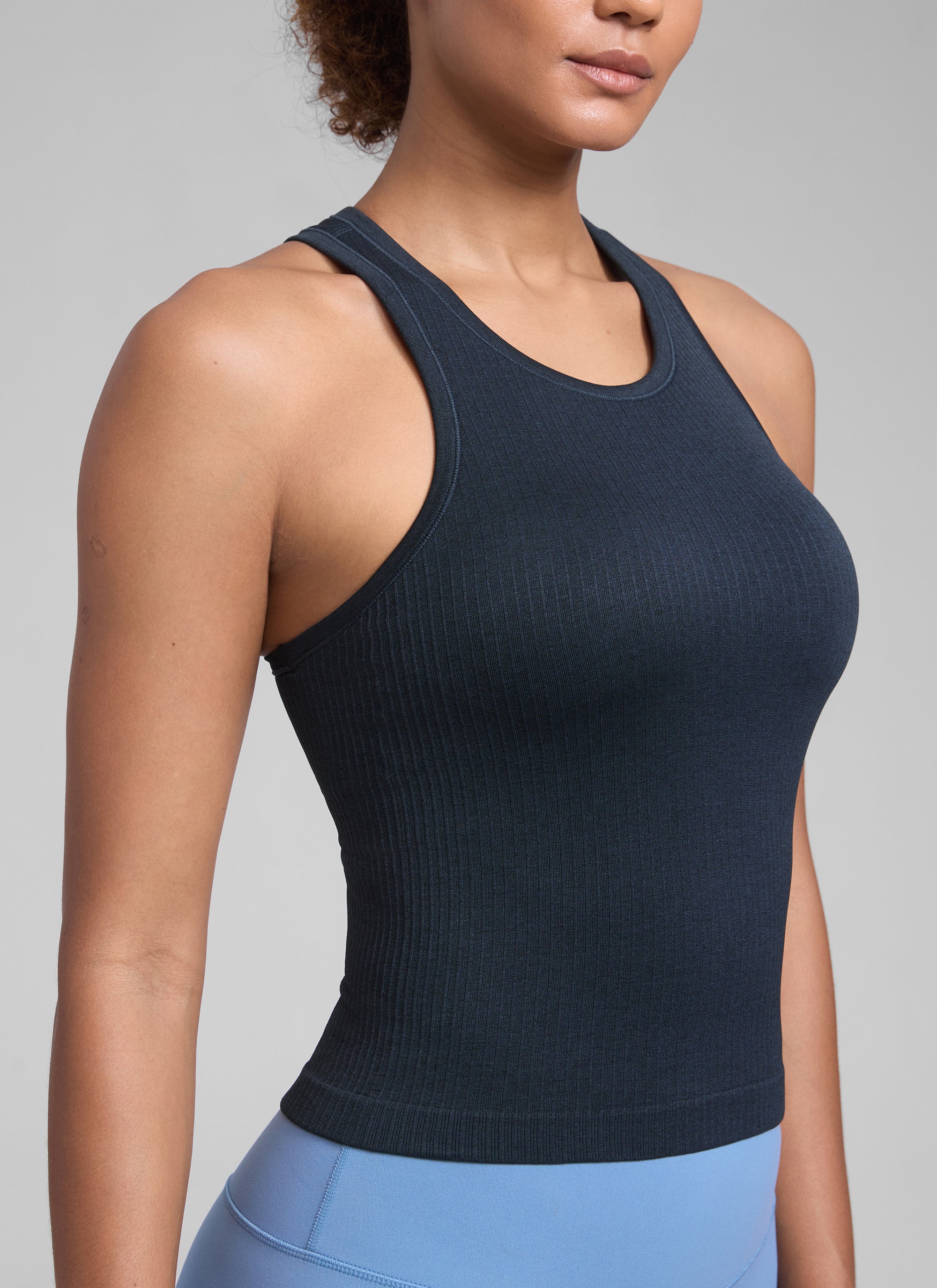 CRZ YOGA Women's Yoga Slim Fit Tops Seamless Hip LengthTank High Neck True Navy