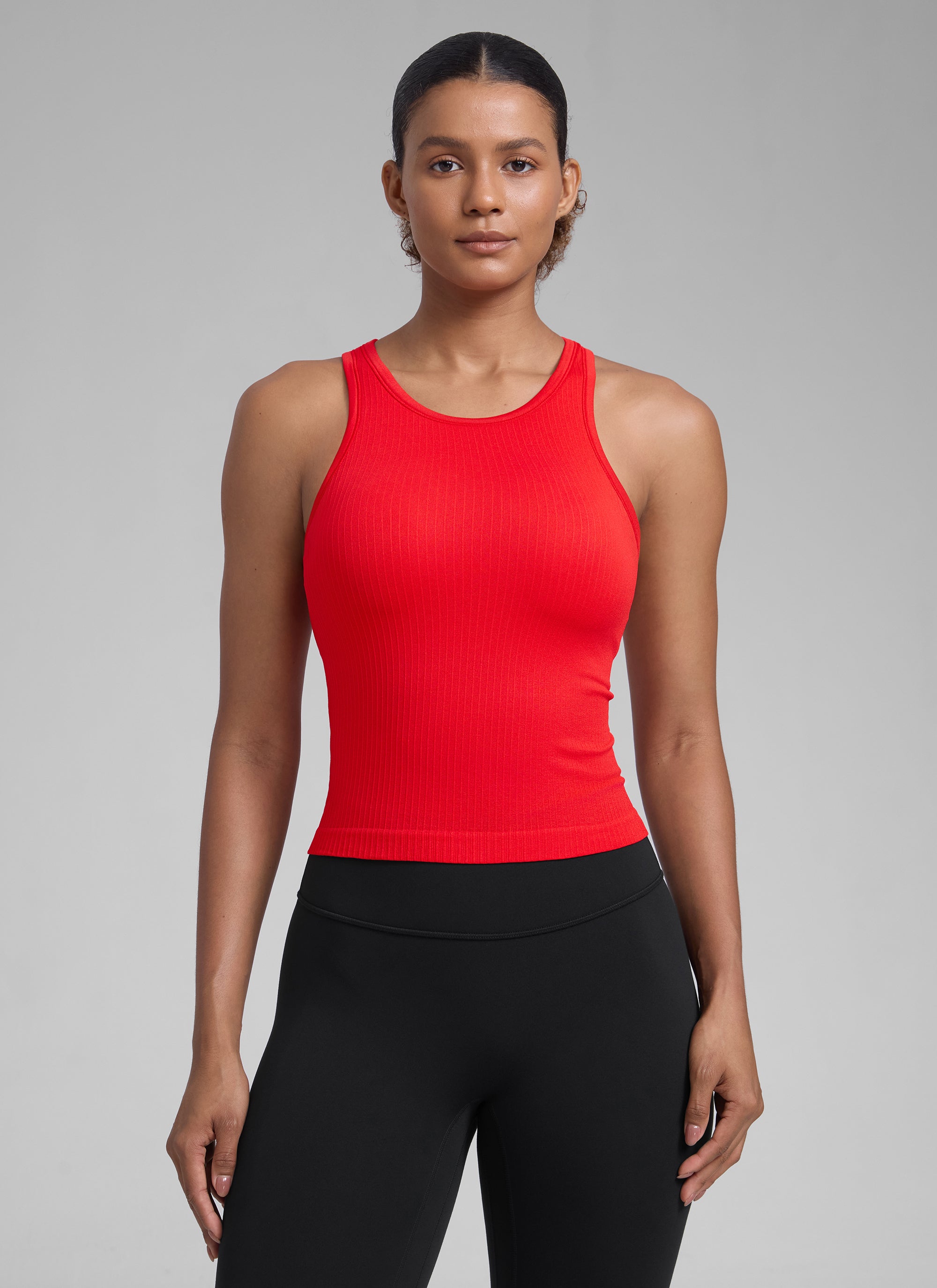 CRZ YOGA Women's Yoga Slim Fit Tops Seamless Hip LengthTank High Neck Deep Red