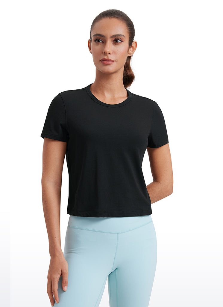 CRZ YOGA Women's Yoga Classic Fit Pima Cotton Short Sleeves High Neck Black