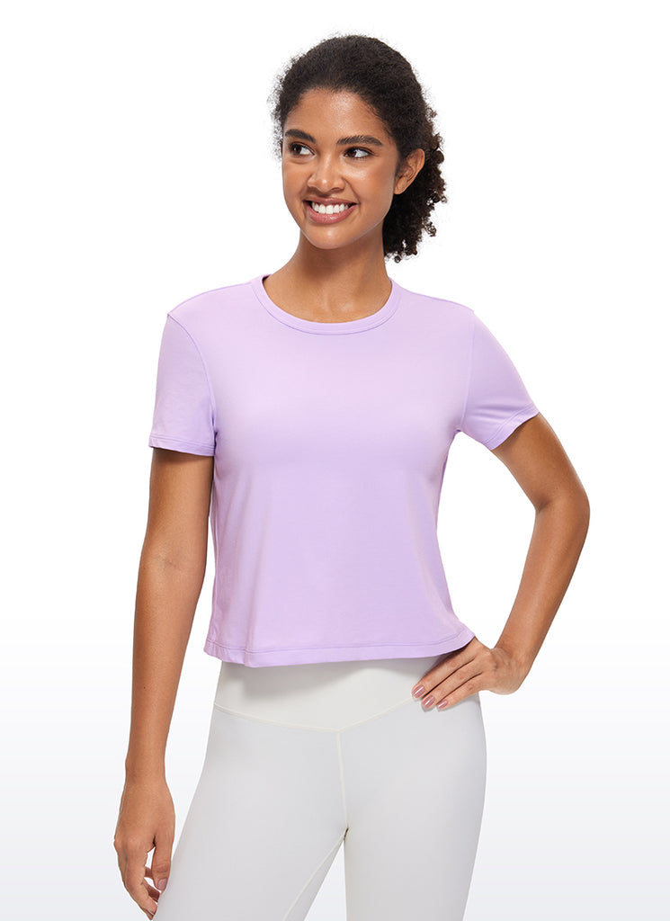 CRZ YOGA Women's Yoga Classic Fit Pima Cotton Short Sleeves High Neck Sonic Pink