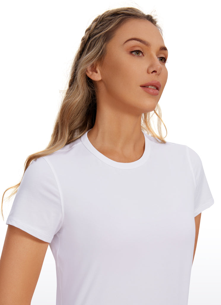 CRZ YOGA Women's Yoga Classic Fit Pima Cotton Short Sleeves High Neck White