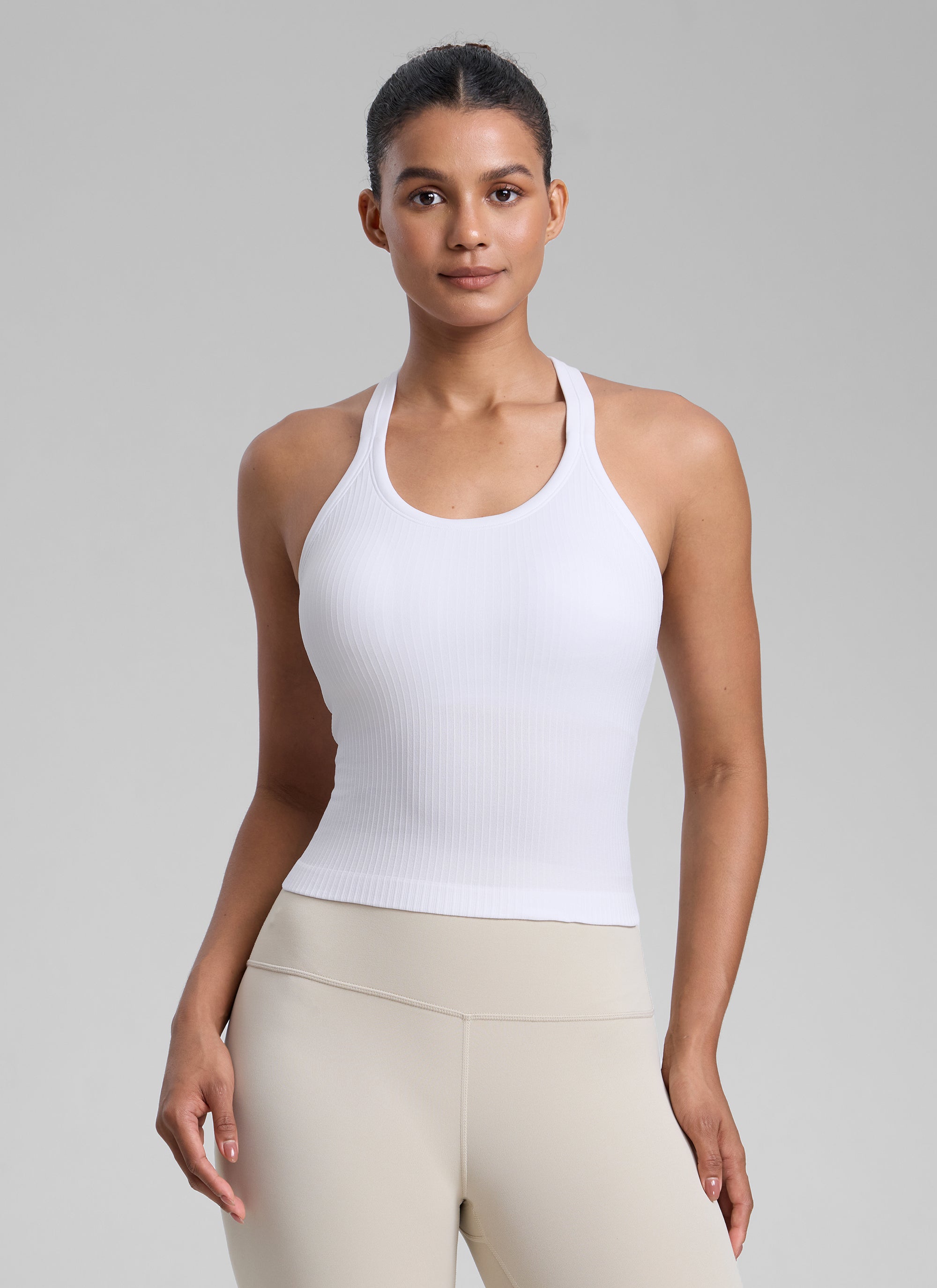 CRZ YOGA Women's Yoga Slim Fit Seamless Tank Crew Neck Waist Length White