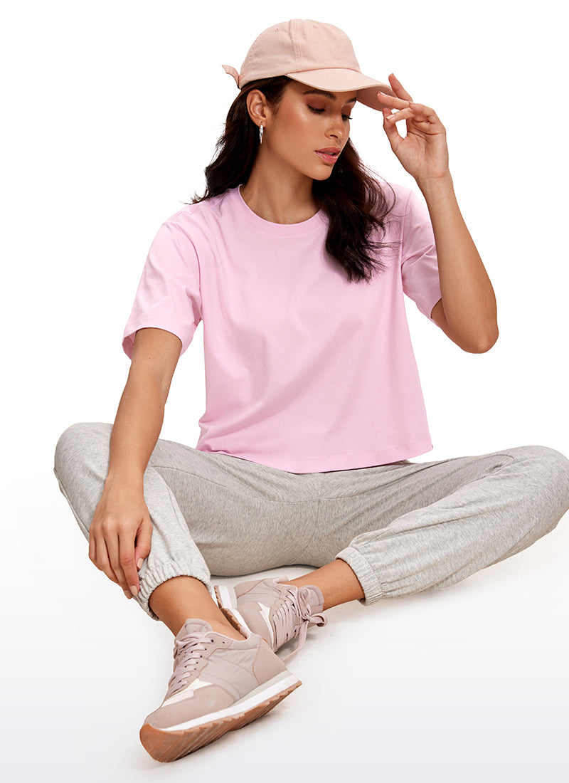CRZ YOGA Women's Casual Crop Lightweight Short Sleeves Waist length Pink Peony