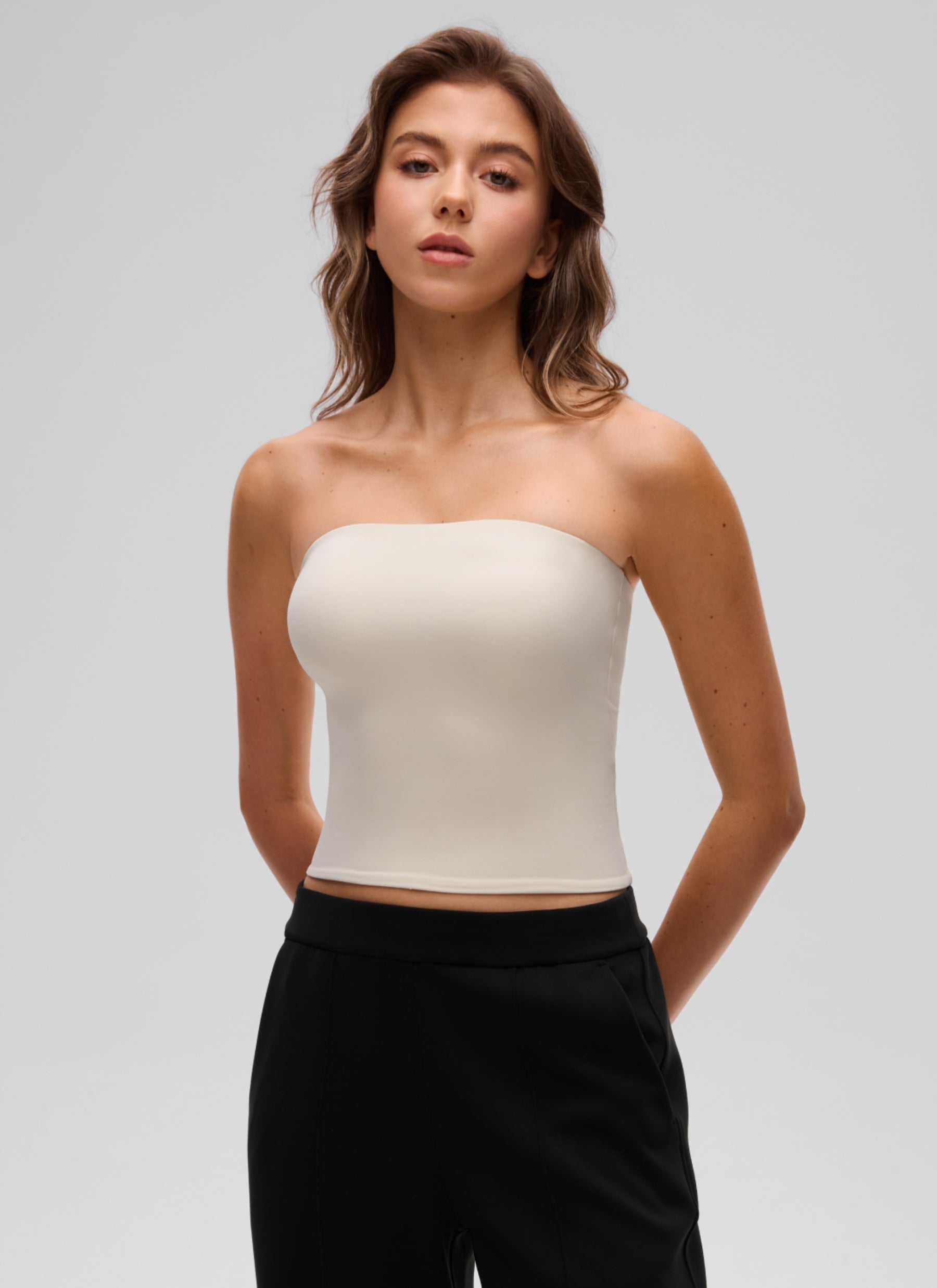 CRZ YOGA Women's Casual Butterluxe Tight Fit Strapless Tops Mojave Tan